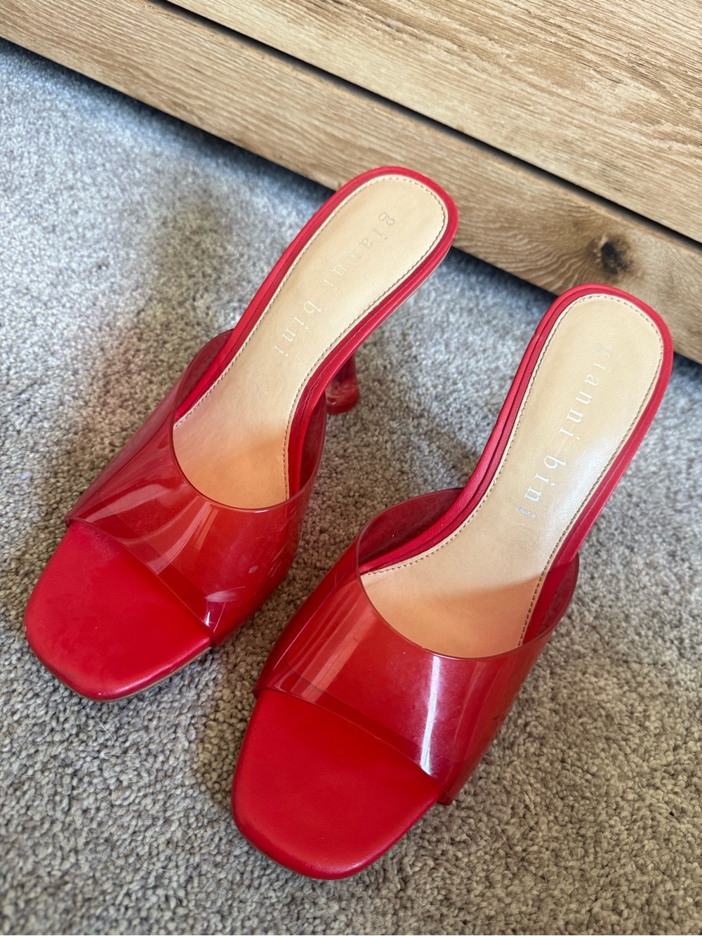 Gianni Bini Red Clear-Panel Slide Heels